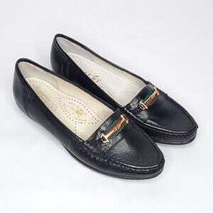 Womens Horsebit Loafers Sz 7.5 Wide Black Goldtone Point Toe Flats Preppy